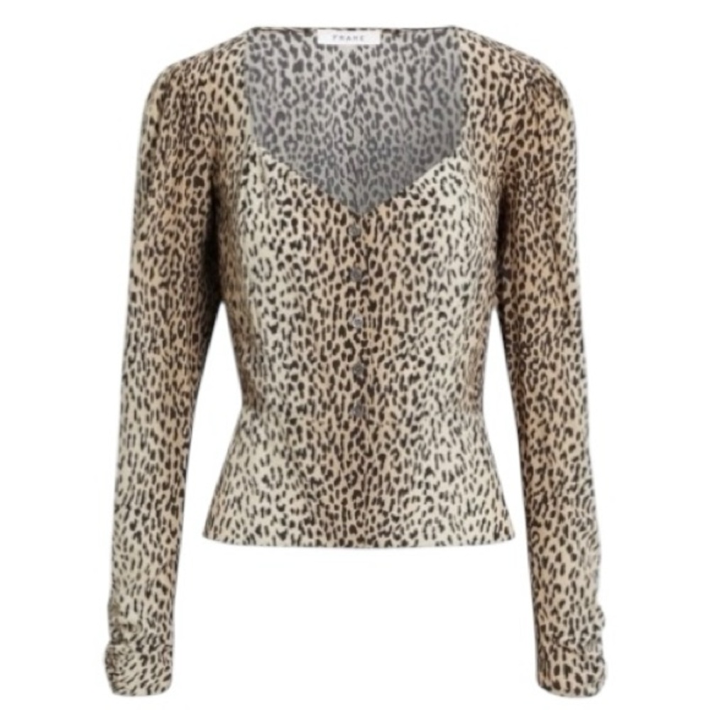 FRAME Silk Leopard Shirred Long Puff Sleeve V-Neck Button-Up Peplum Blouse